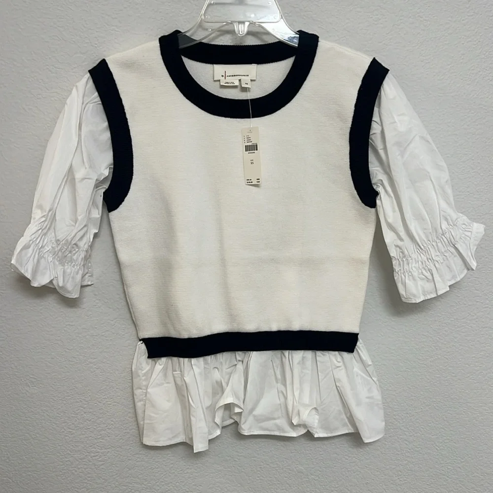 NWT! Anthropologie Layered Poplin Sweater Top in White, Off White, Black size XS - Picture 4 of 10